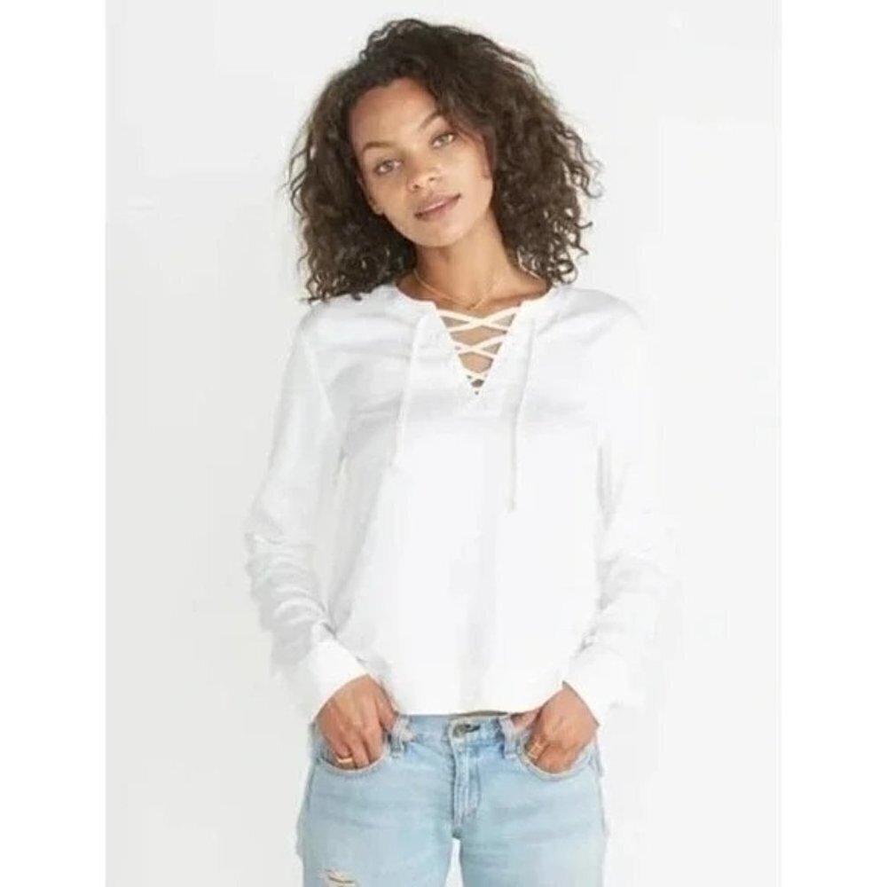 Marine Layer Everly Lace Up White Top S Tunic‎ Modal Nautical Minimial Beach NEW